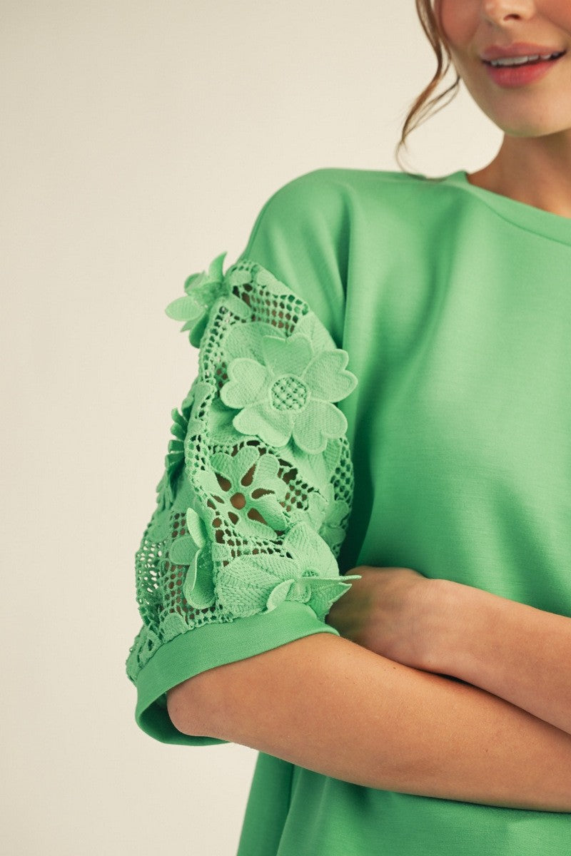 Green Lace Short Sleeve Top