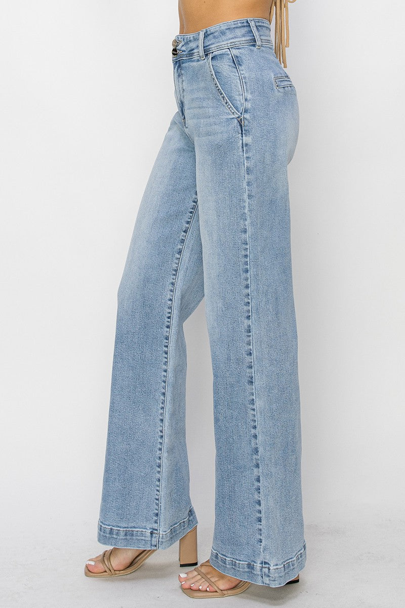 Greer's High Rise Double Button Light Wash Jeans