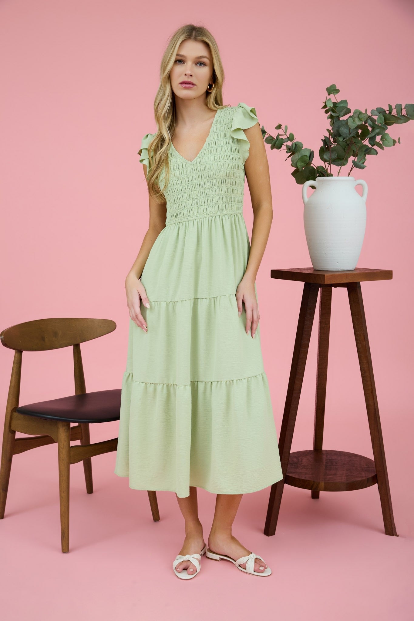 Tiered V-Neck Cap Sleeve Midi Dress
