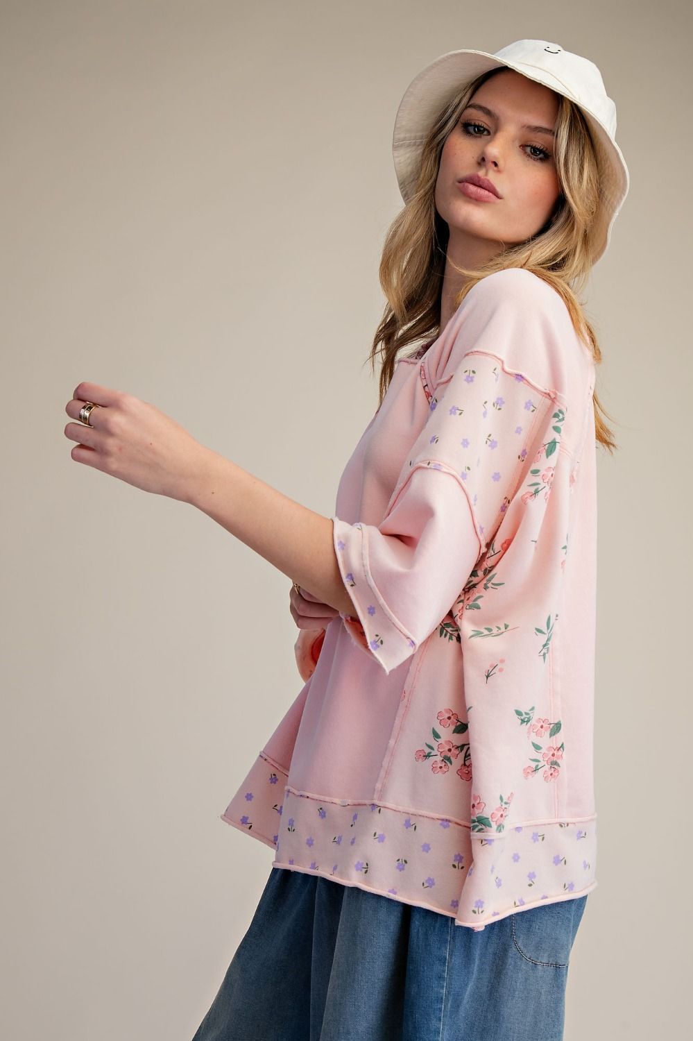 Light Pink and Ditsy Floral 3/4 Sleeve Oversized Top
