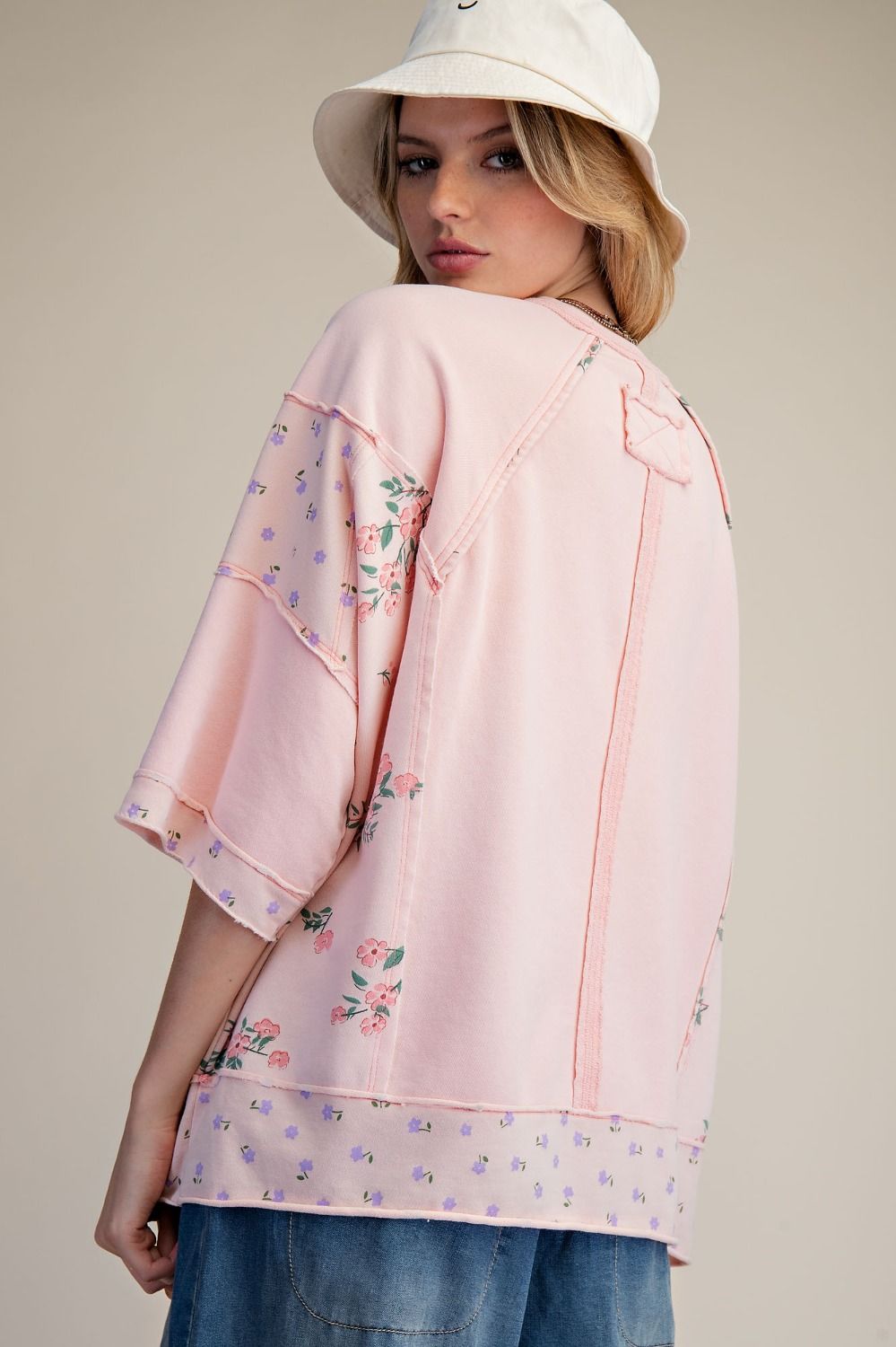 Light Pink and Ditsy Floral 3/4 Sleeve Oversized Top