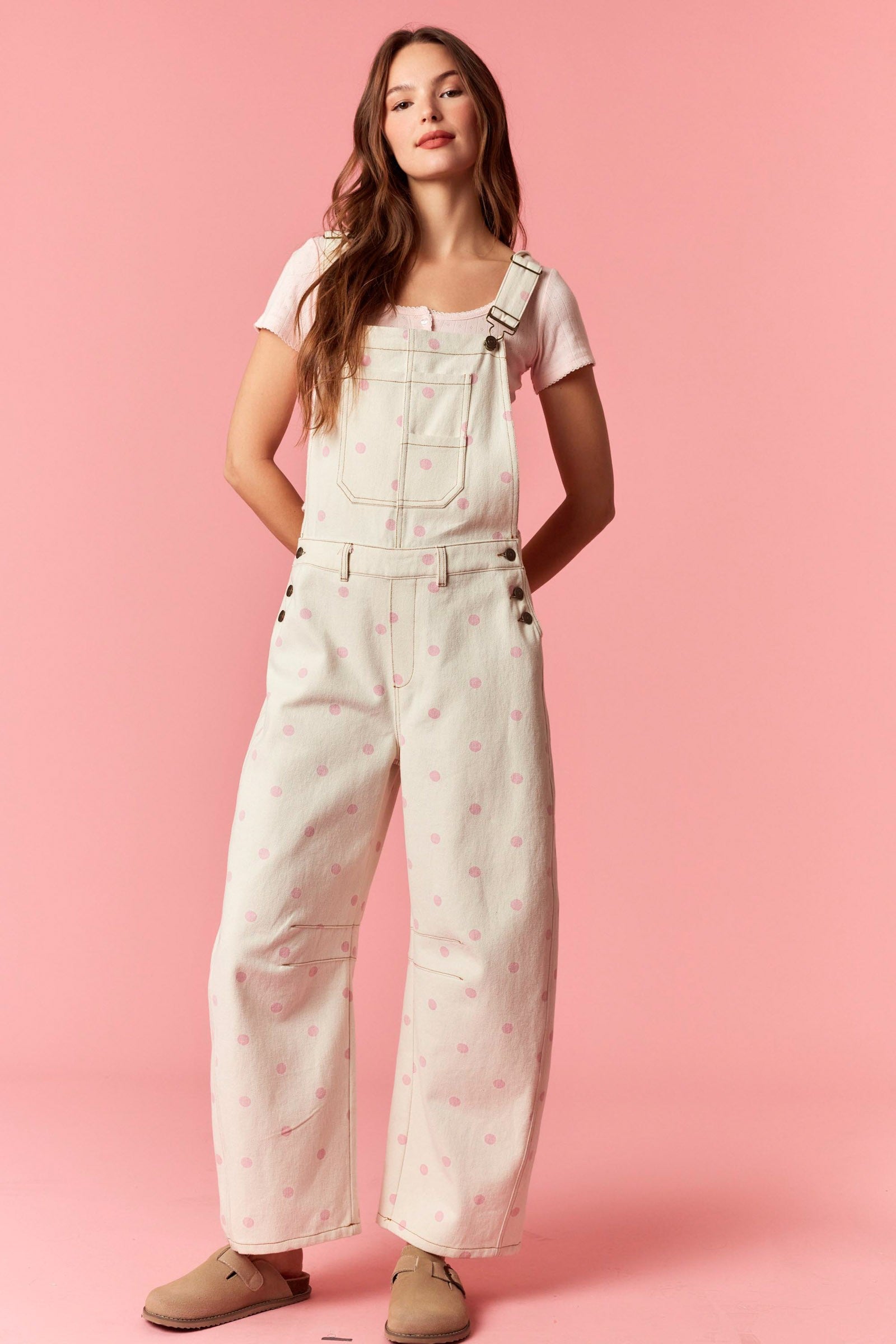 Curvy Polka Dot Denim Barrel Leg Overalls