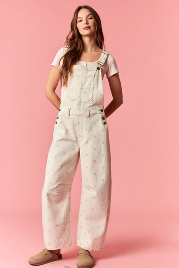 Curvy Polka Dot Denim Barrel Leg Overalls