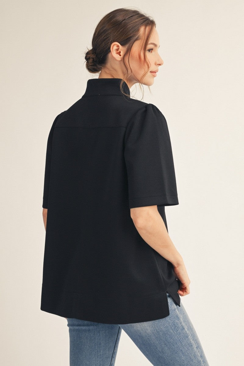 Black Standing Collar Puff Shoulder Top