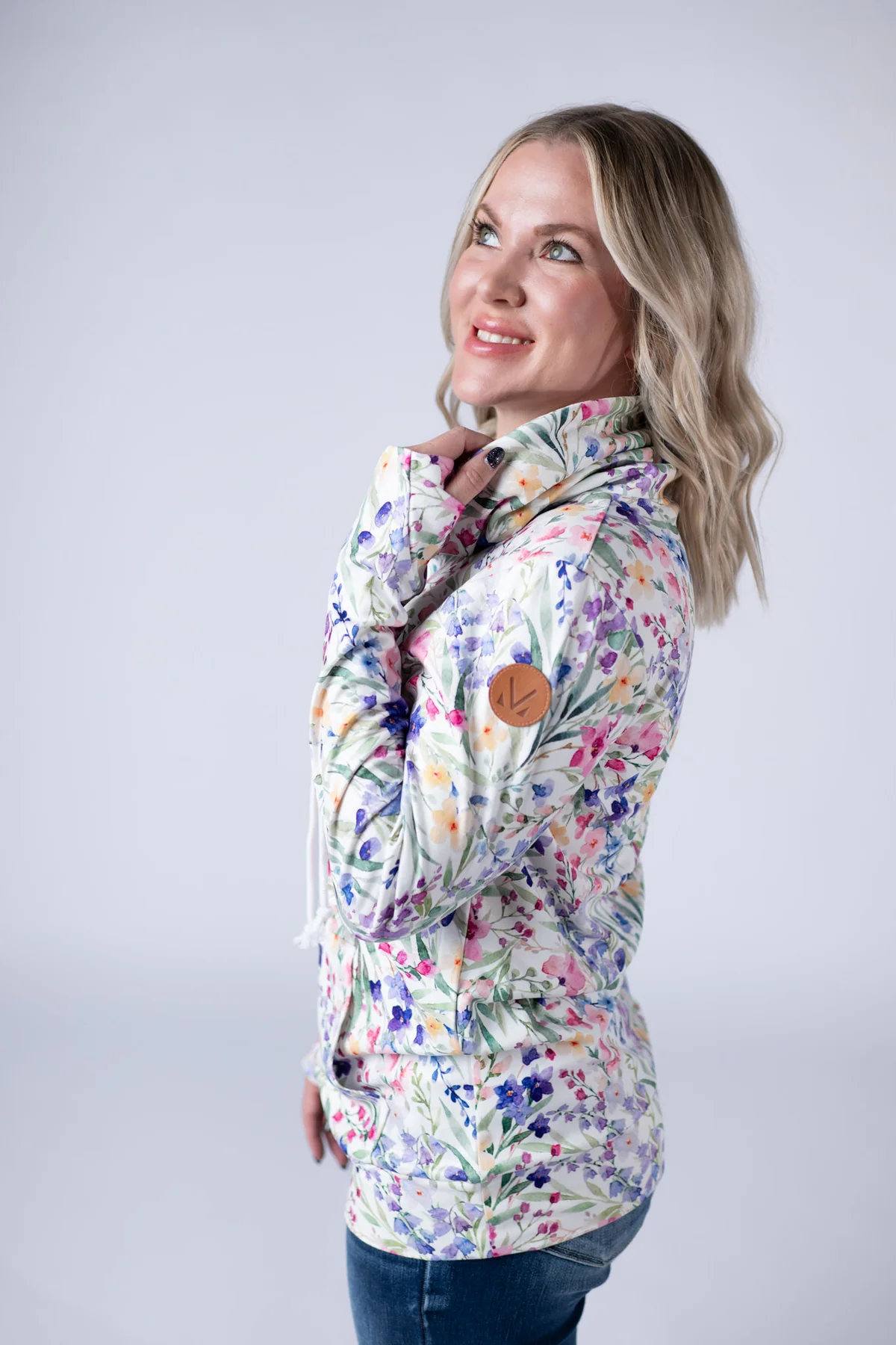 Curvy Floral Drawstring Funnel Neck Top