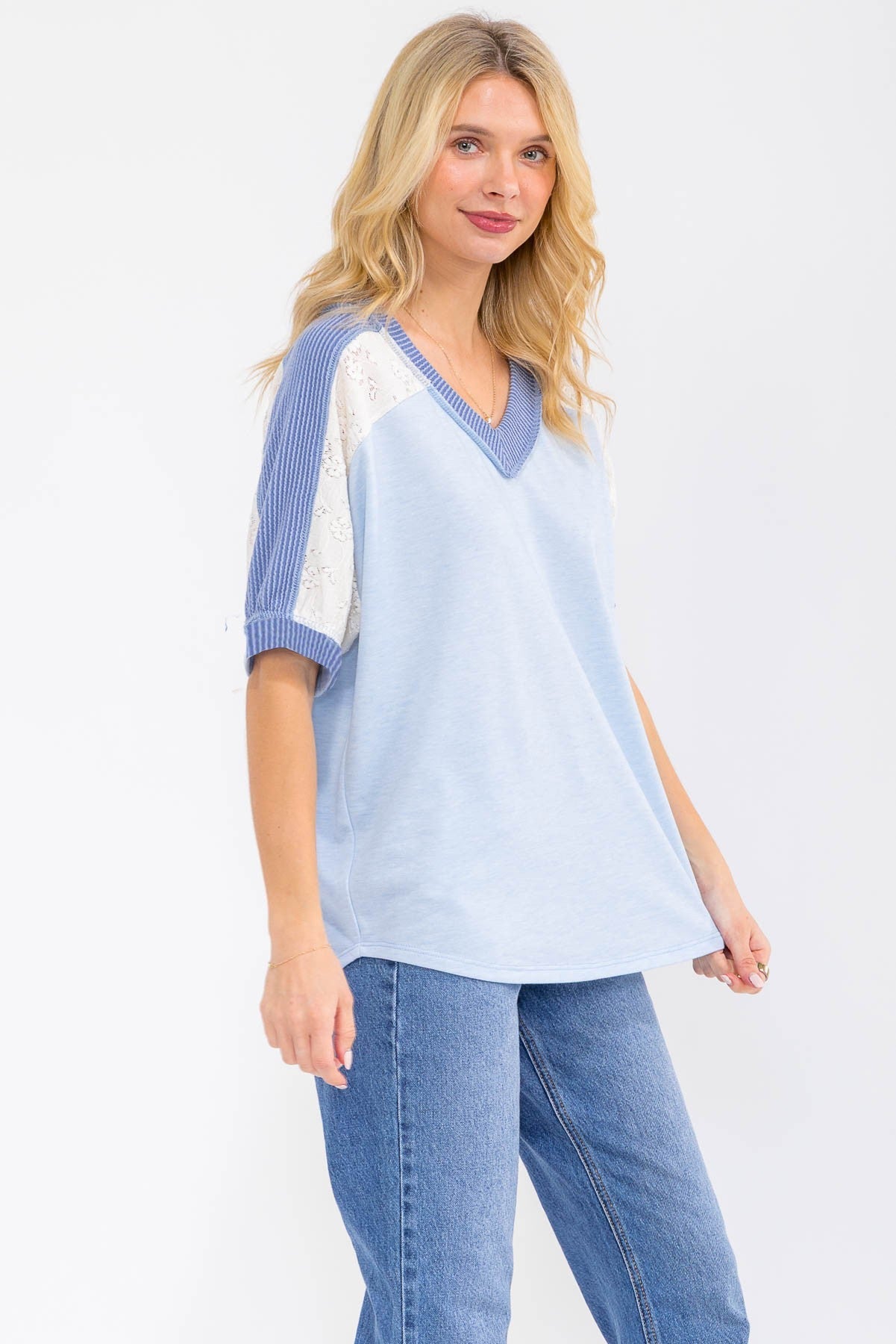 Blue Lace and Ribbed Detail Top
