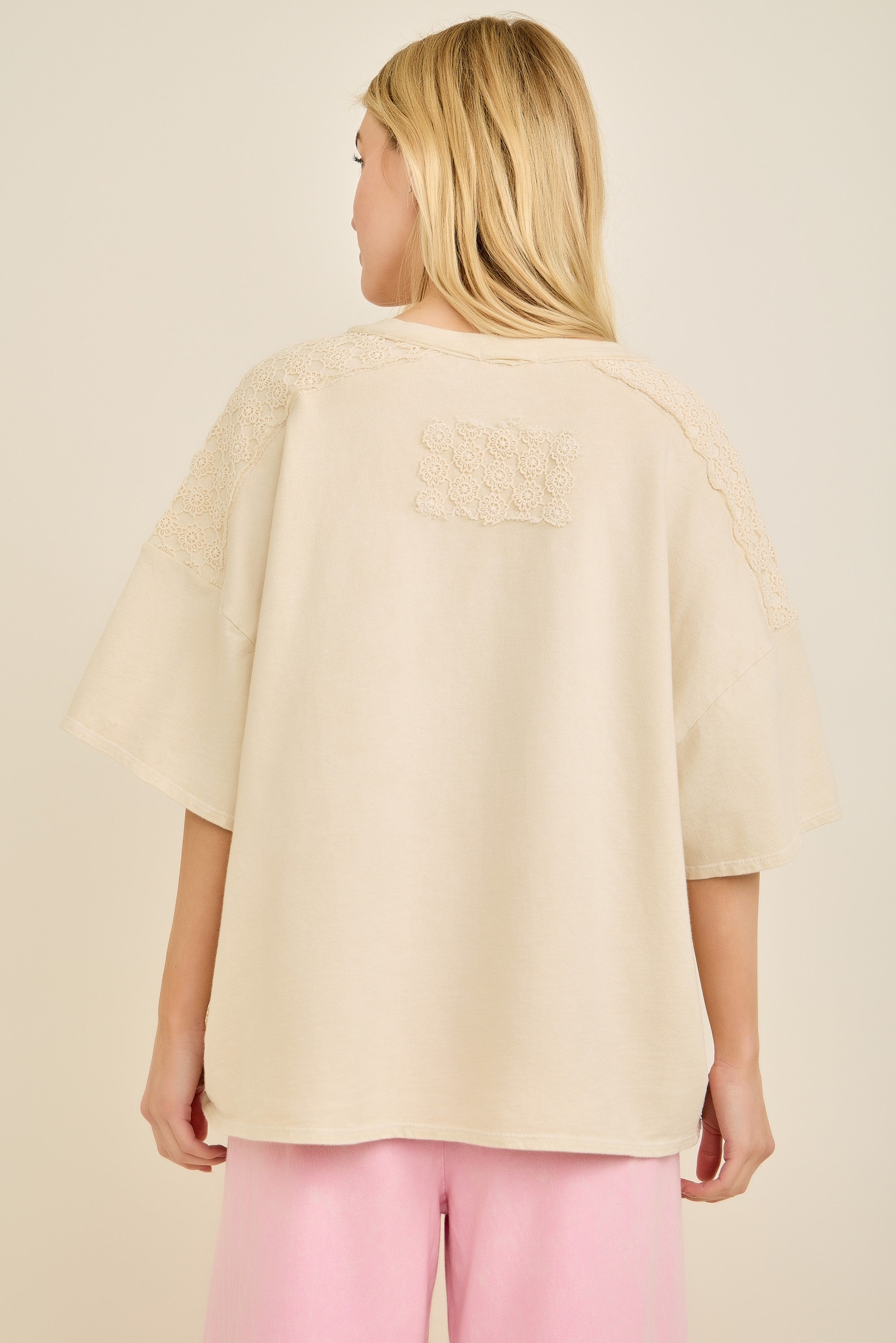 Cream Exposed Seam Textured V Neck Top