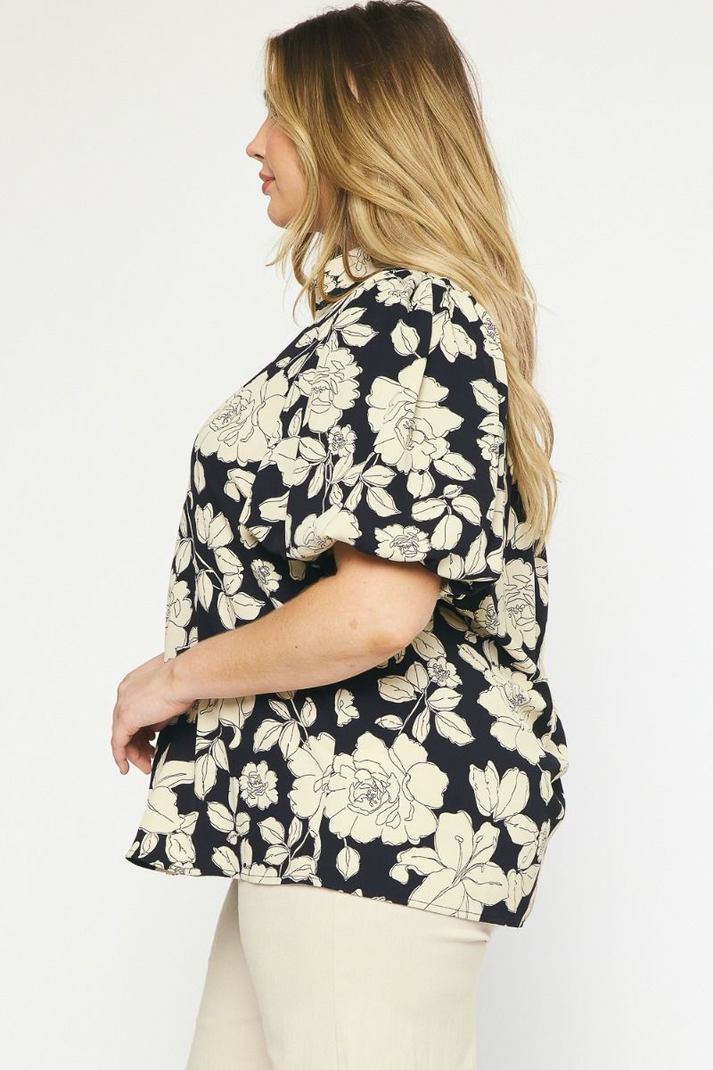 Curvy Black Floral Collared Bubble Sleeve Top