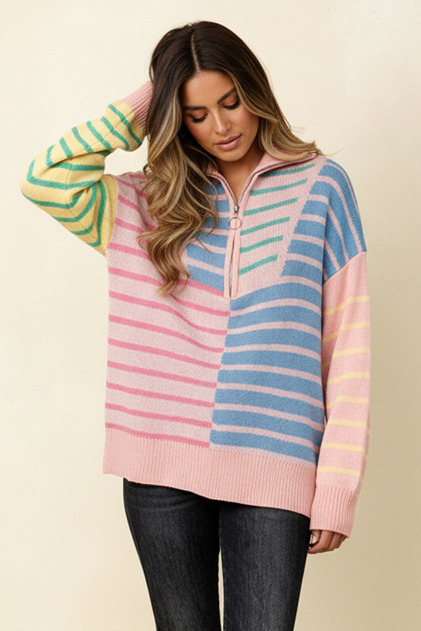 Curvy Stripe Colorblock Half Zip Sweater