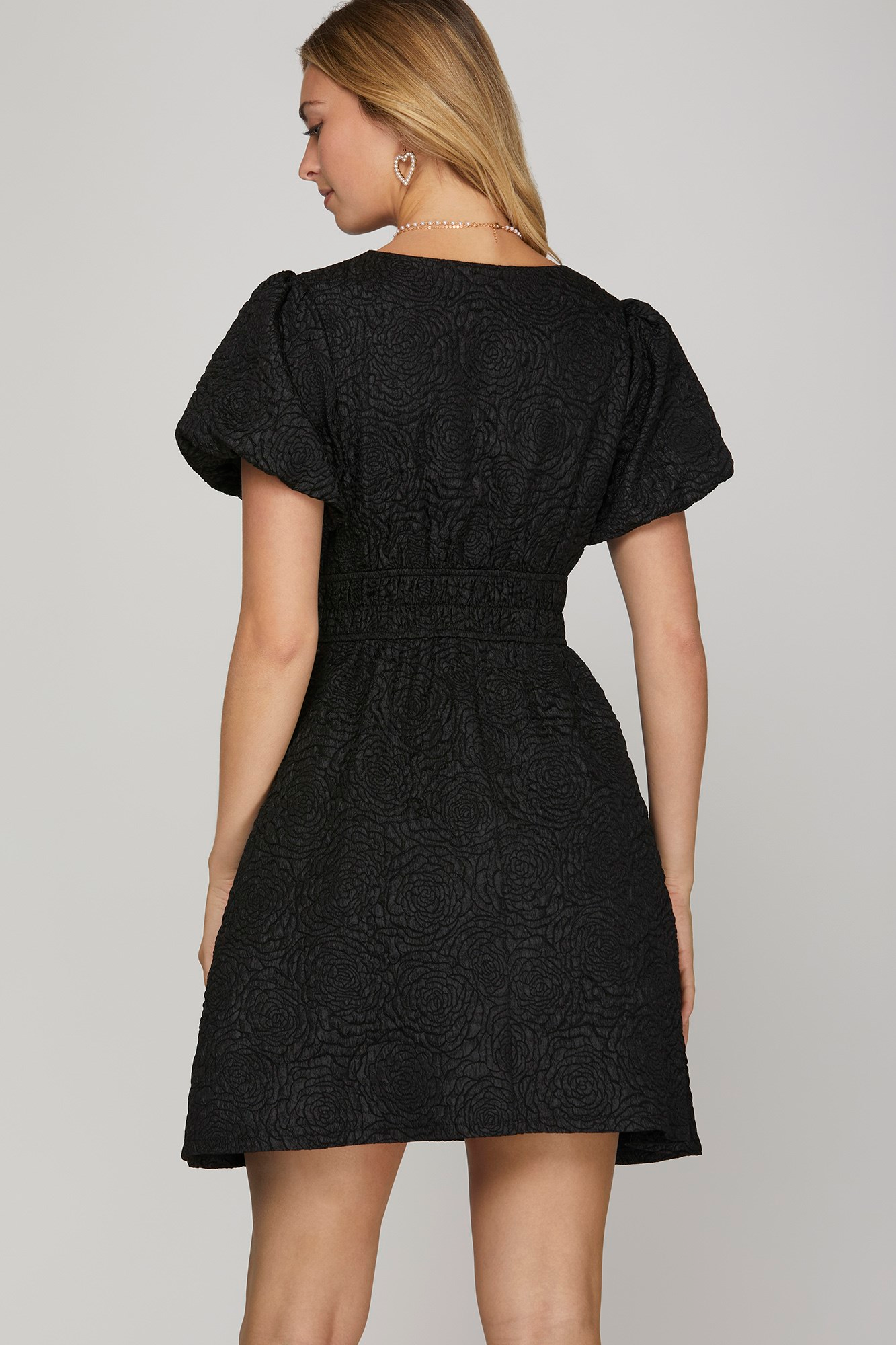 Puff Sleeve V-Neck Jacquard Dress