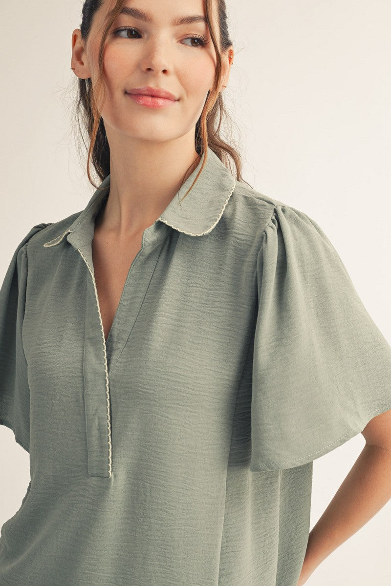 Sage Flutter Sleeve Embroidered Trim Top