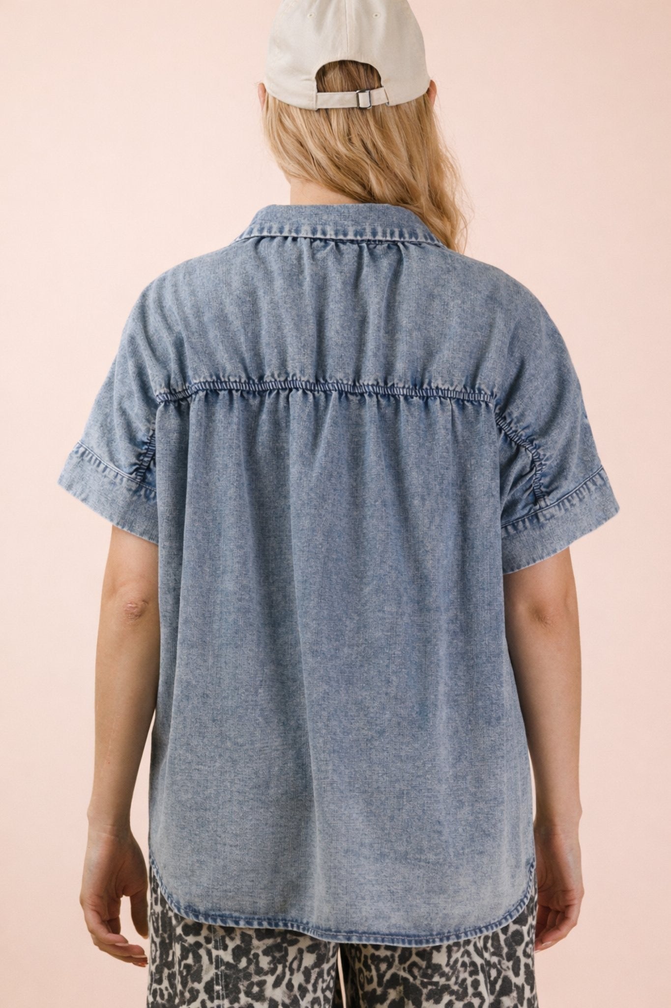 Chambray Short Sleeve Button Up Top