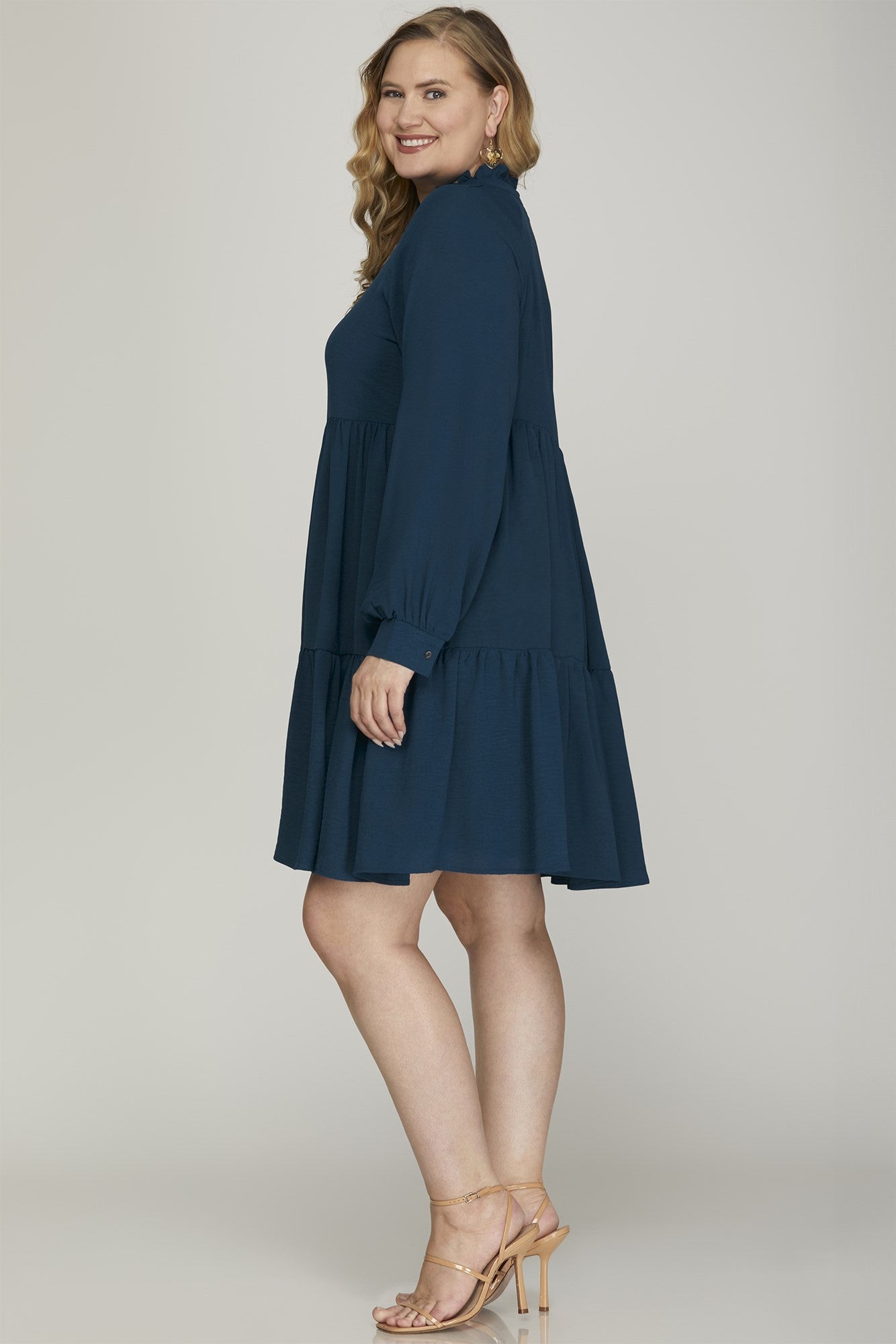 Curvy Dark Teal Pleated Detail Tiered Dress
