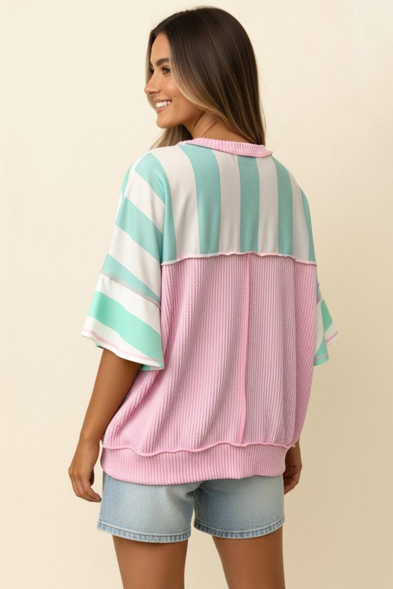 Striped Crewneck Top With Flutter Sleeve
