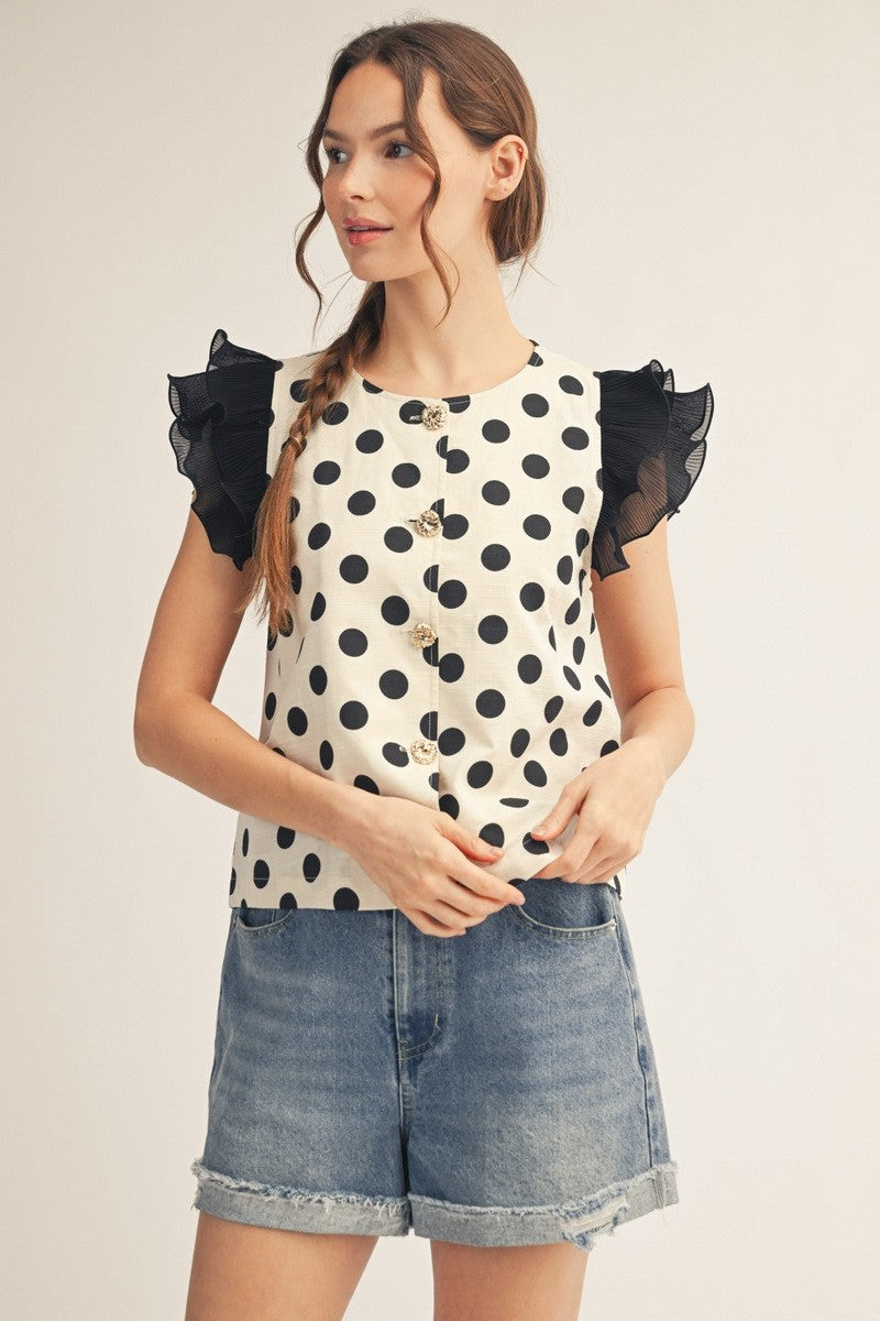 Mesh Cap Sleeve Button Down Polka Dot Top