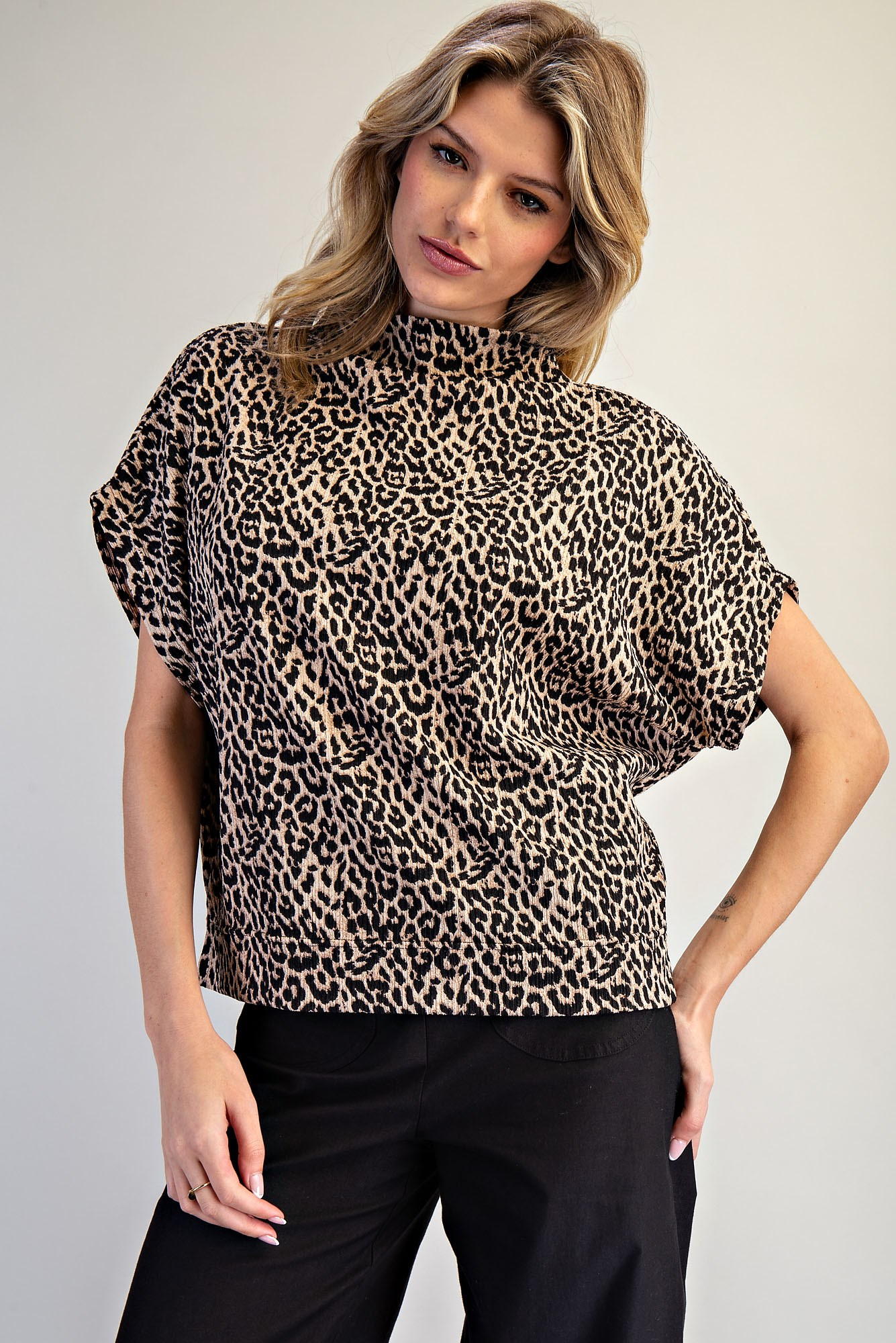 Leopard Print Mock Neck Dolman Sleeve Top