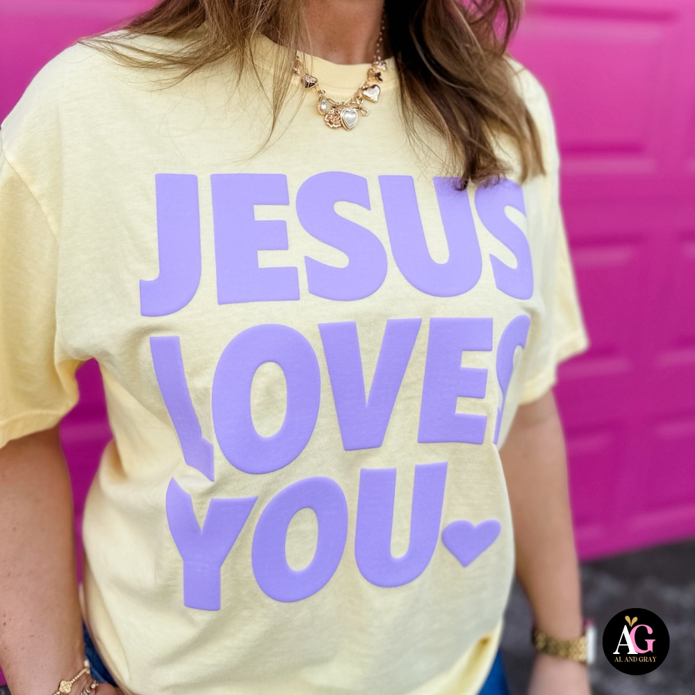 Yellow and Purple Jesus Loves You Tee