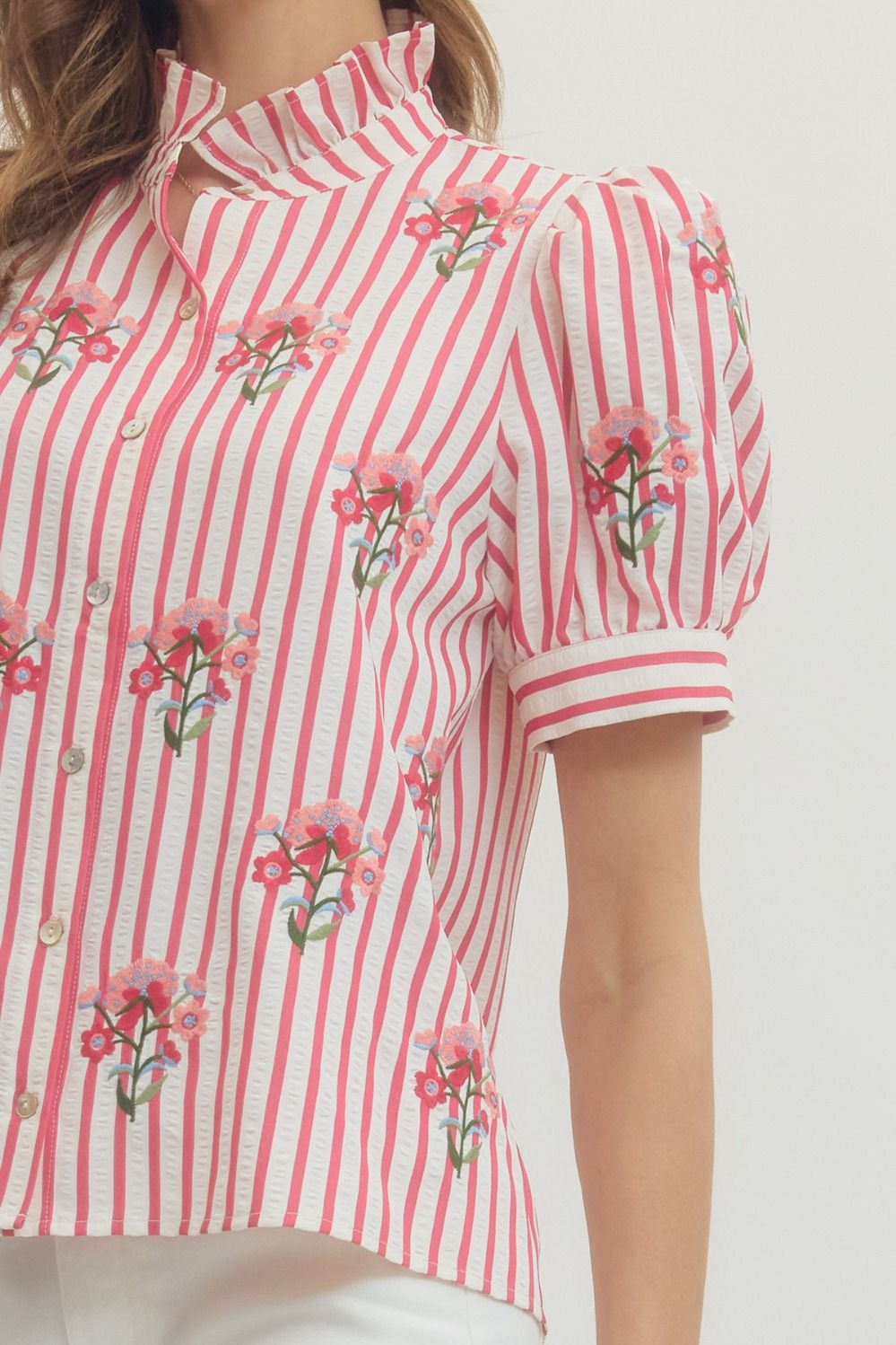 Red Striped Button Down Embroidered Top