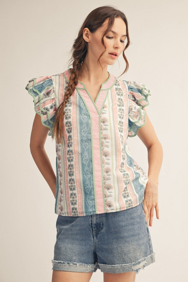Ruffled Sleeve Boho Floral Top