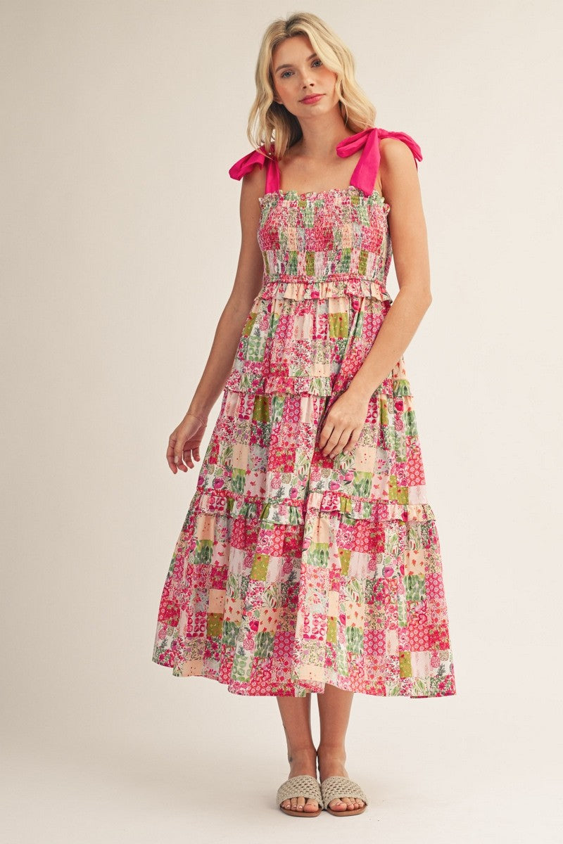 Pink Tie Shoulder Floral Midi Dress