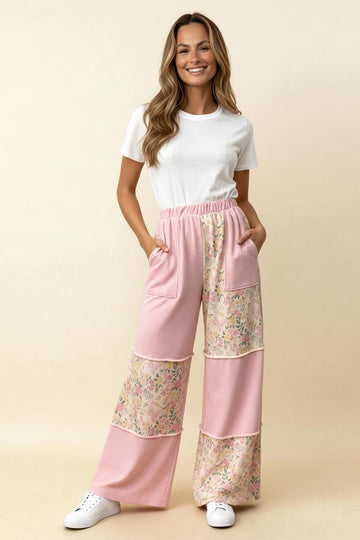 Light Pink Color Block Floral Pants
