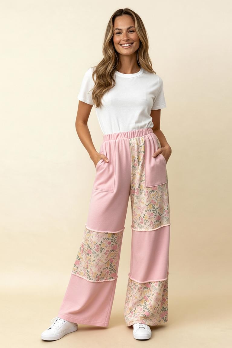 Light Pink Color Block Floral Pants