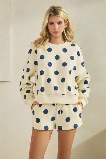 Navy and Cream Polka Dot Crewneck