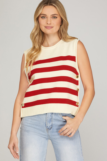 Red Striped Sweater Vest With Gold Side Buttons