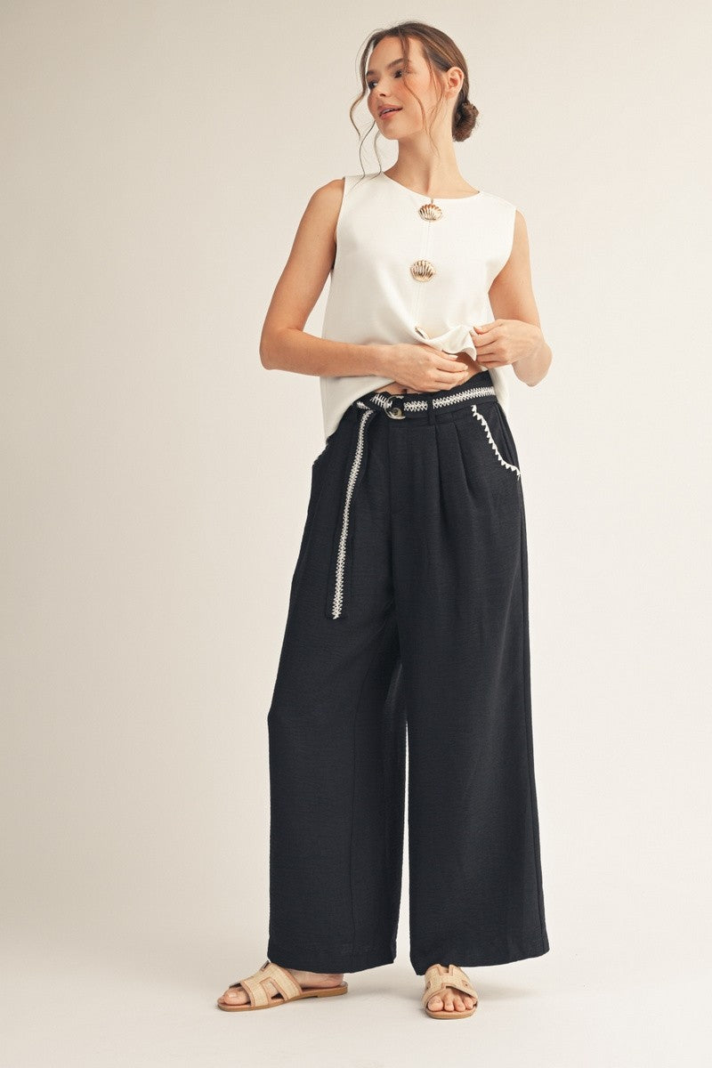 Black Embroidery Accent Wide Leg Pants