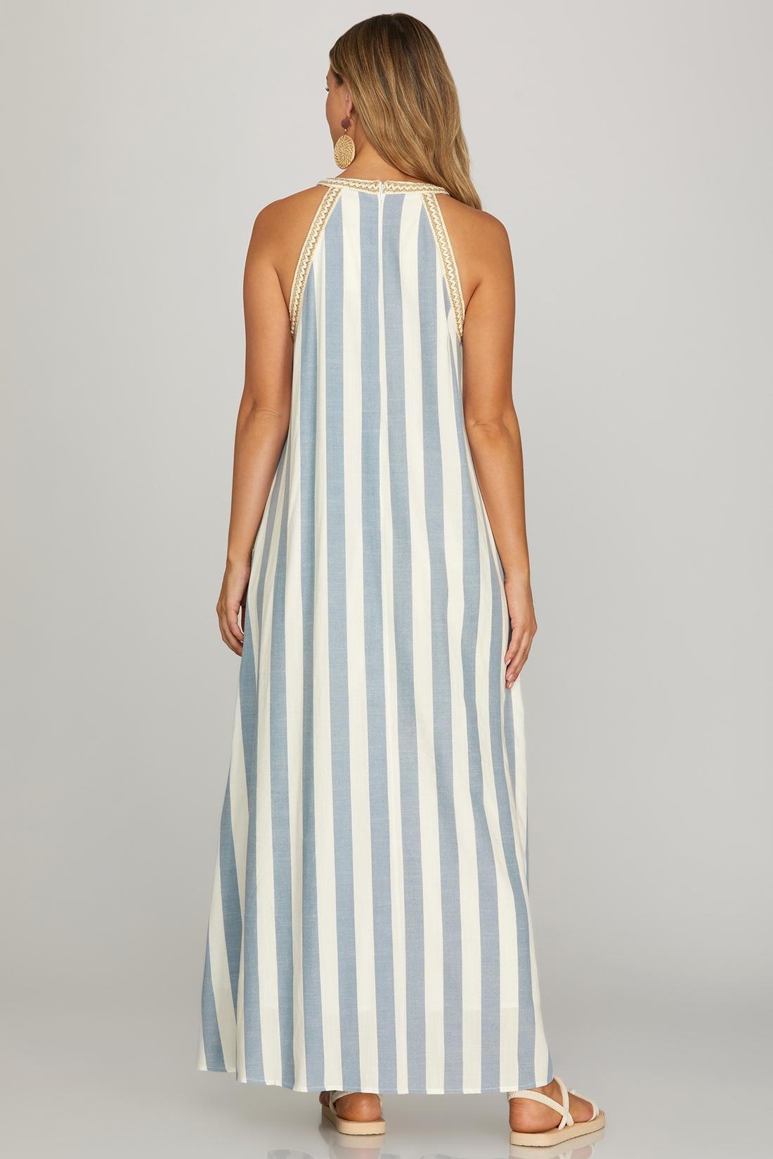 Blue Halter Neck With Wooven Neck Trim A-Line Maxi