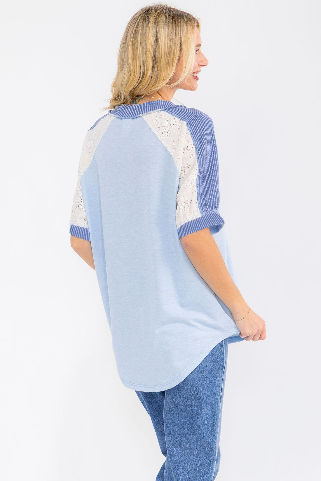 Blue Lace and Ribbed Detail Top