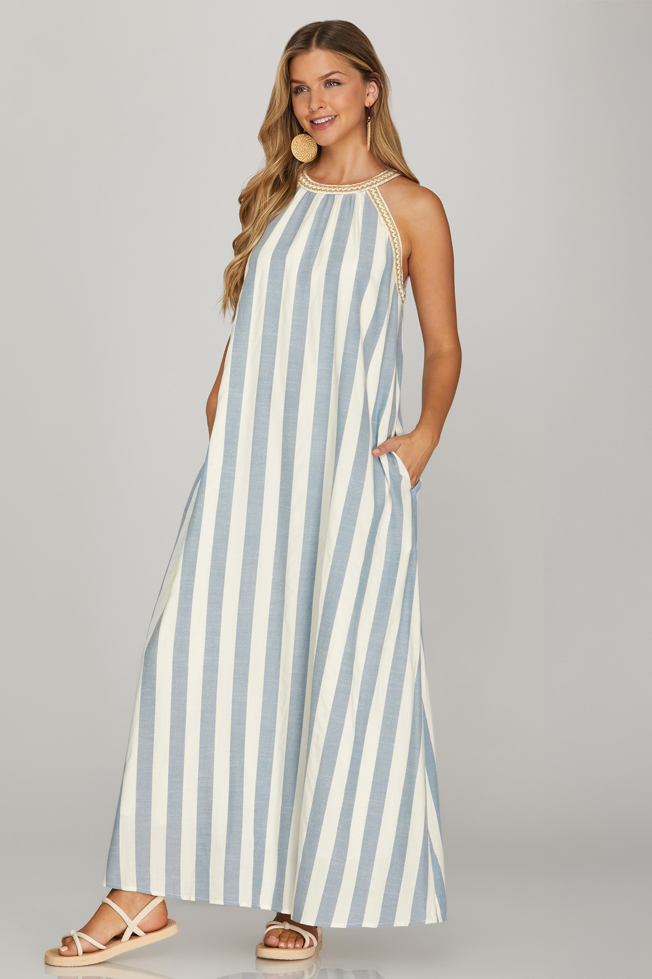 Blue Halter Neck With Wooven Neck Trim A-Line Maxi