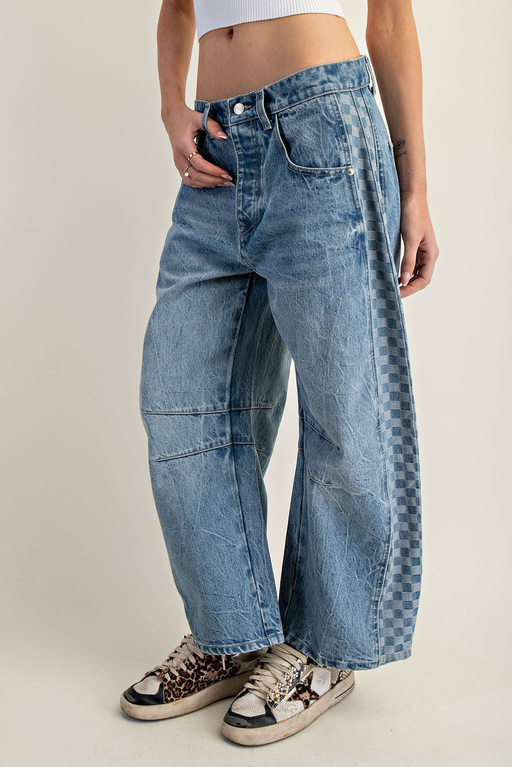 Denim Side Checker Panel Barrel Jeans