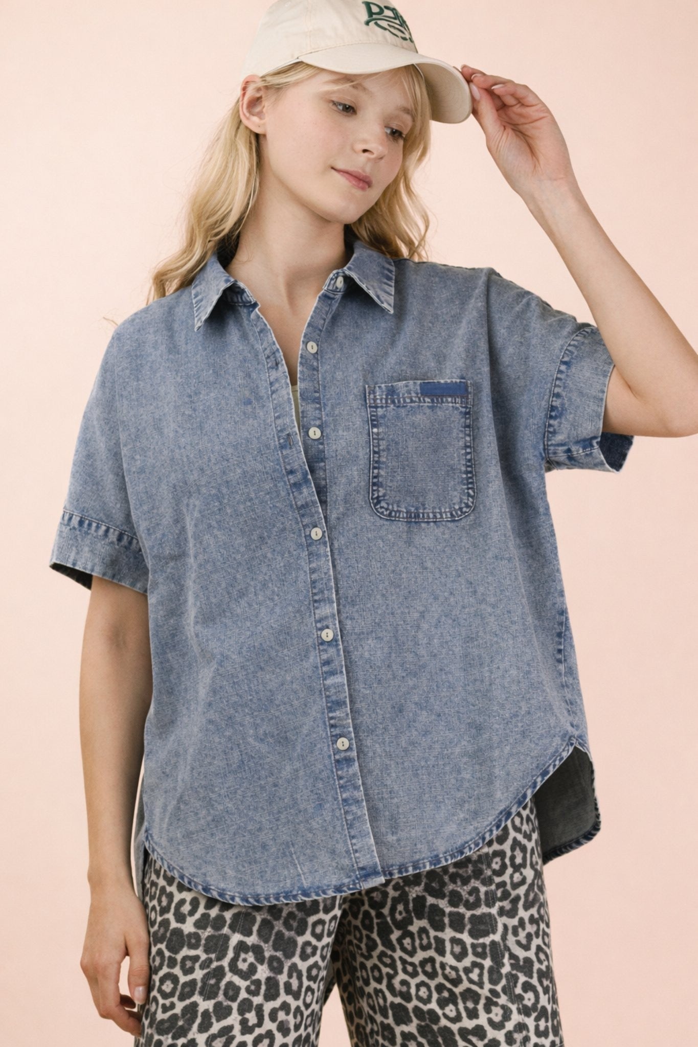 Chambray Short Sleeve Button Up Top
