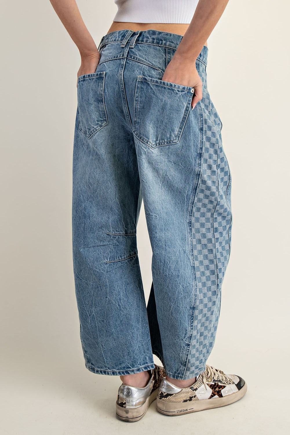 Denim Side Checker Panel Barrel Jeans