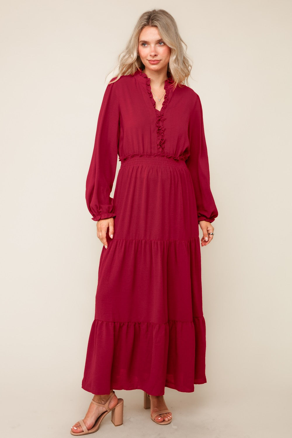 Curvy Frilled Smocked Waist Long Sleeve Midi Dress