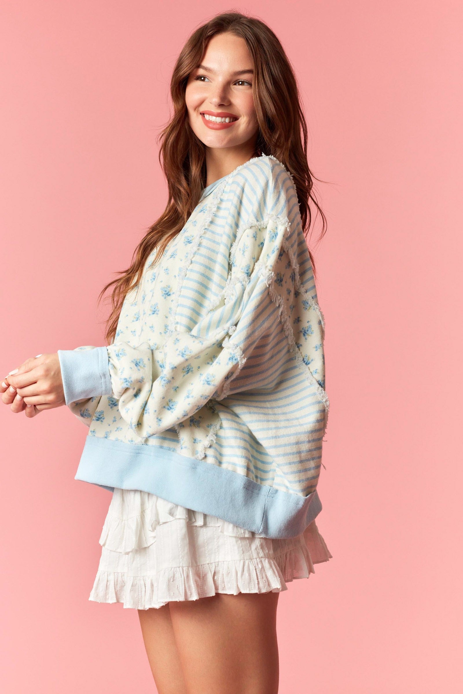 Blue Ditsy Floral and Striped Crewneck