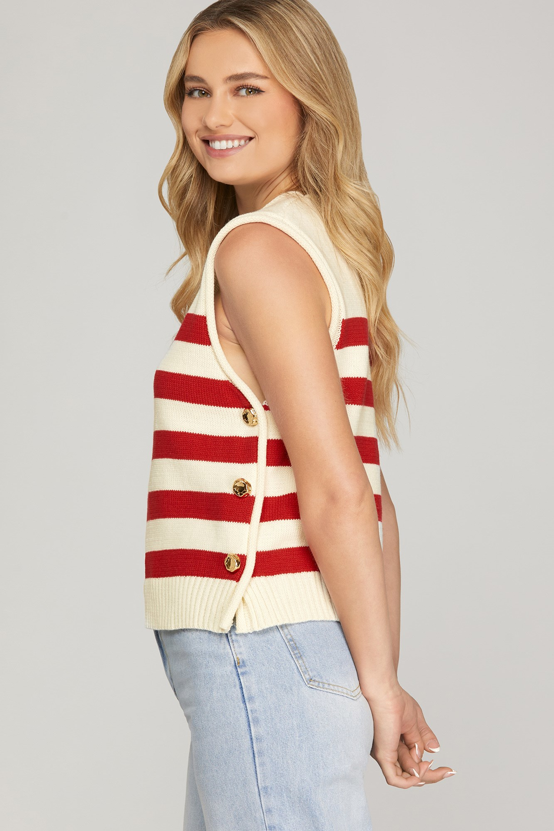 Red Striped Sweater Vest With Gold Side Buttons
