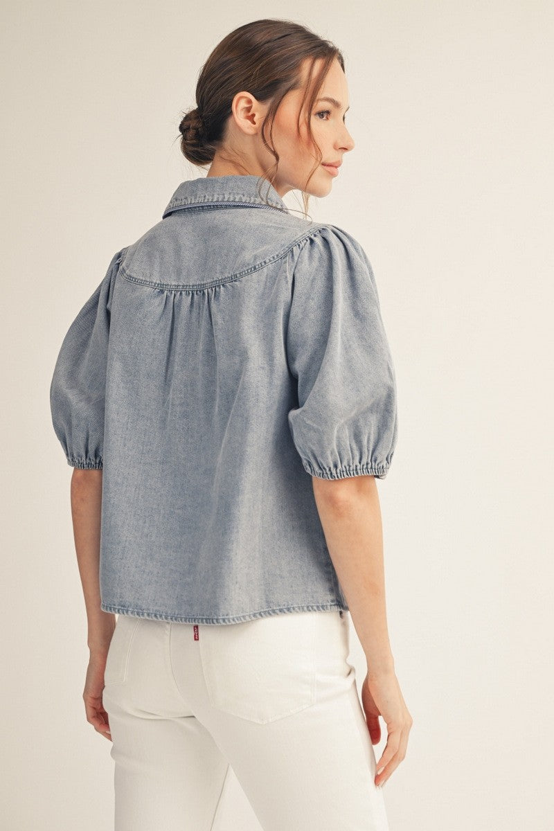 Denim Short Puff Sleeves Button Down Top