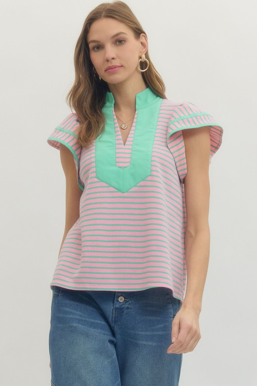 Pink Striped Flutter Sleever Contrast V- Neck Top