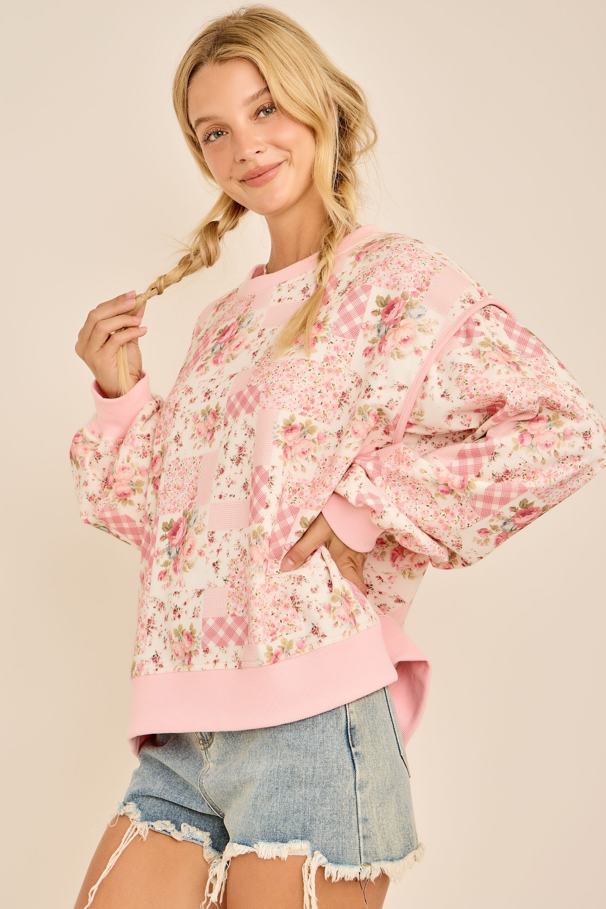 Oversized Patchwork Floral Crewneck