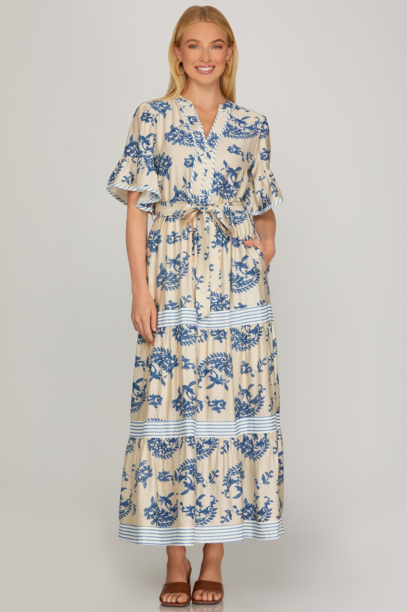 Paisley Short Ruffled Sleeve Tiered Maxi Dress