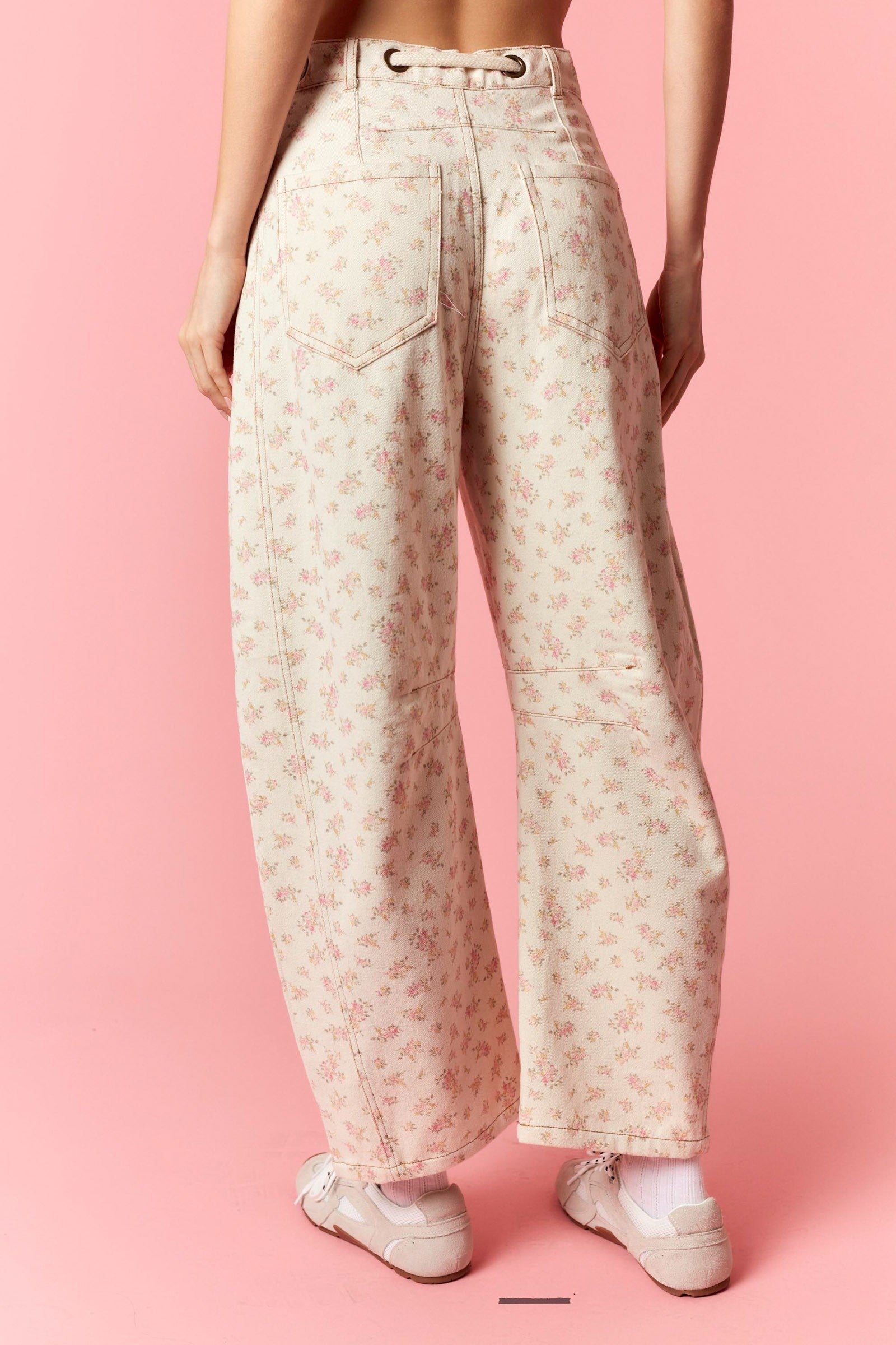 Pink Ditsy Floral Barrel Leg Denim Pants with Tie