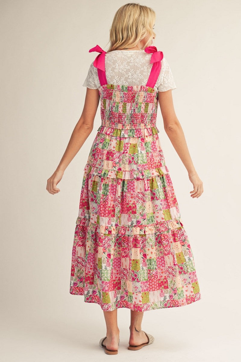 Pink Tie Shoulder Floral Midi Dress