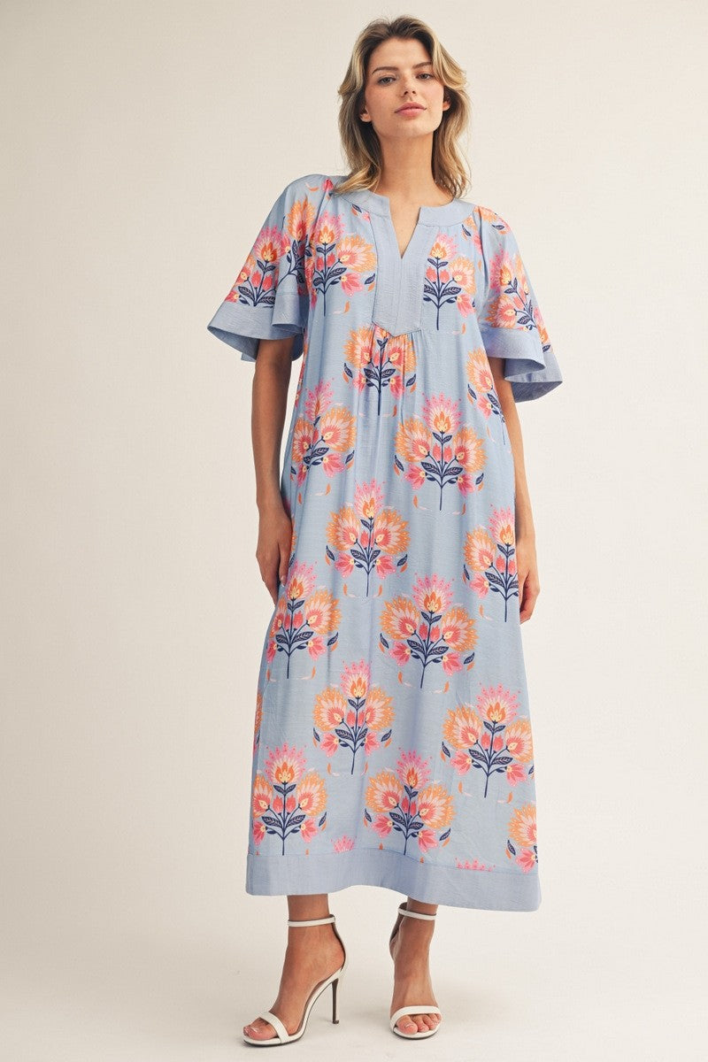 Blue Floral Flutter Sleeve Midi Dress