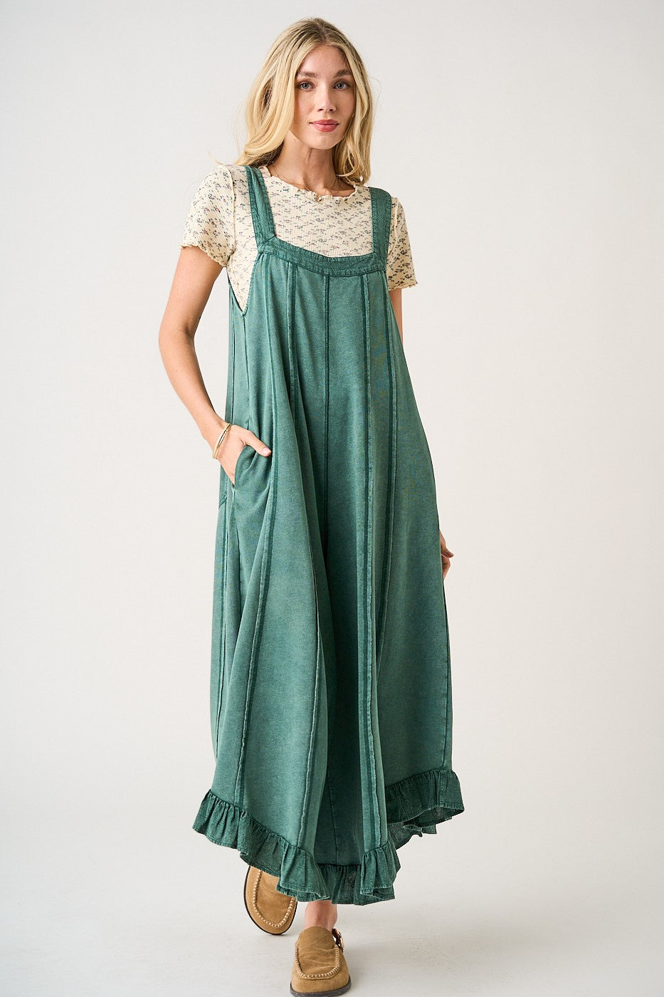 Mineral Wash Ruffle Wide Leg Jumpsuit