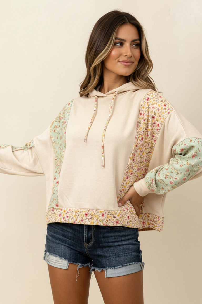 Oatmeal Floral Bubble Sleeve Hooded Top