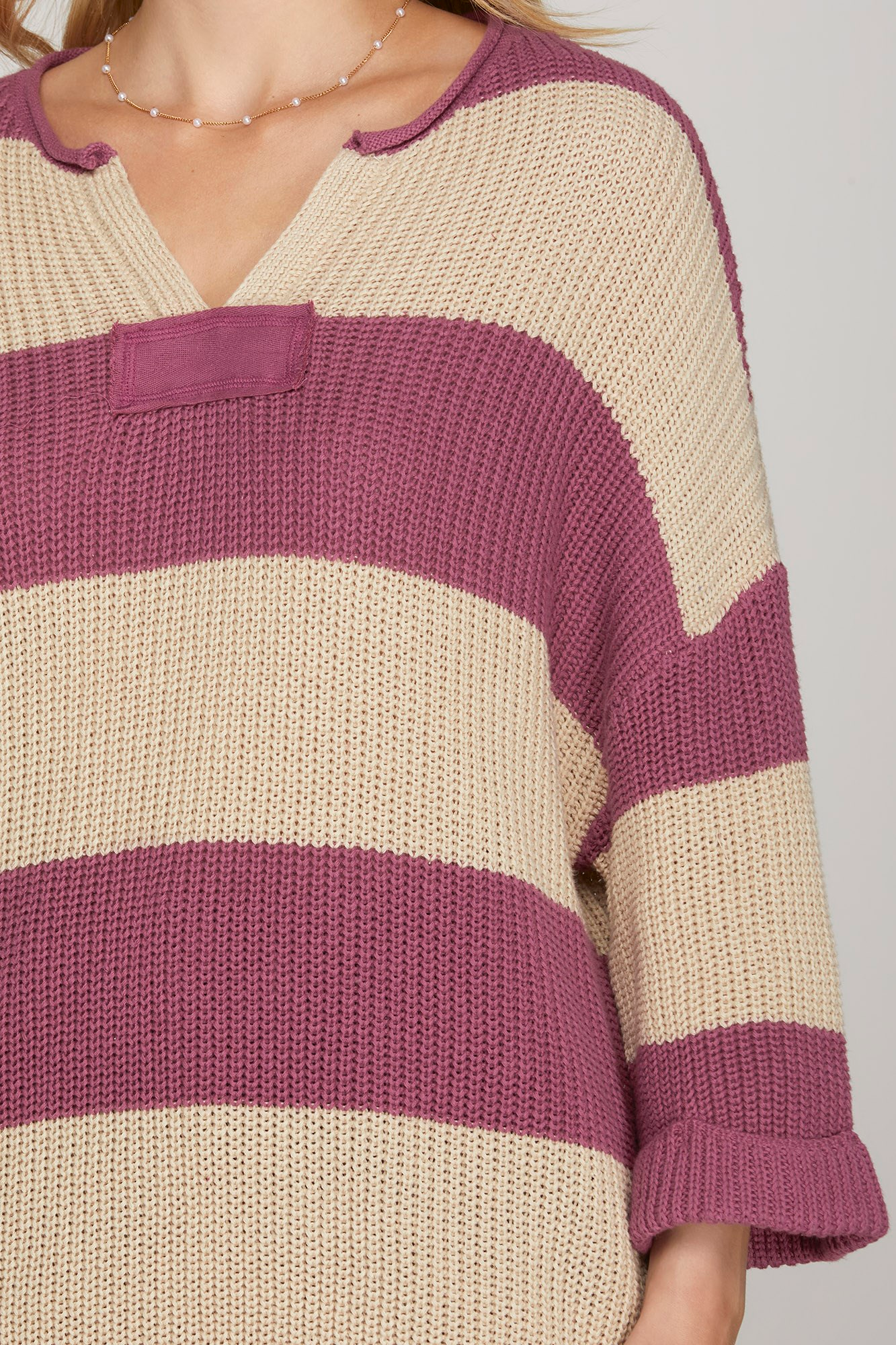Mauve and Cream Striped V Neck Sweater