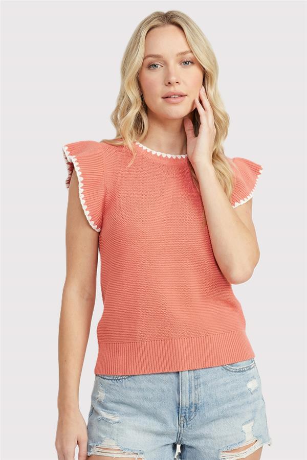 Blanket Stitched Edges Crew Neck Ruffle Sleeve Sweater