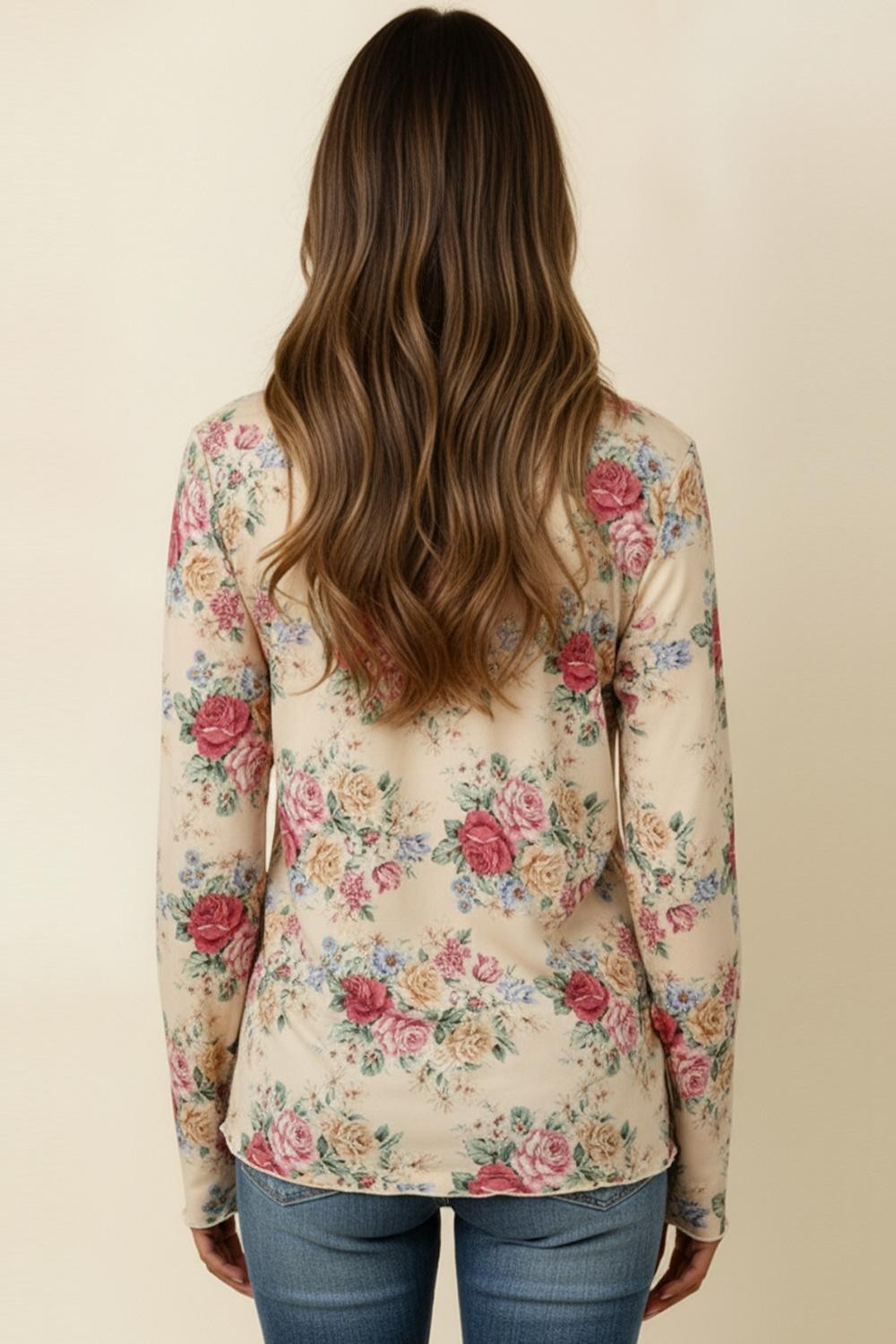 Curvy Oatmeal Floral Frilled Hem Mock Neck Top